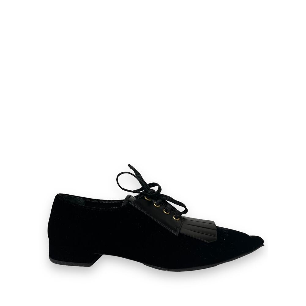 PRADA Black Velvet and Leather Fringe Accent Pointed Toe Lace Up Flats Size 37.5